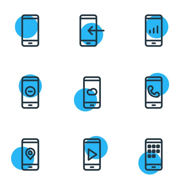 Ilustración de 9 iconos de teléfono estilo de línea. Conjunto editable de juego, aplicaciones, comunicación y otros elementos del icono . — Foto de Stock