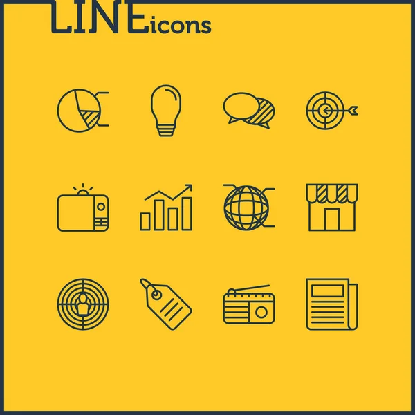 illustration of 12 marketing icons line style. Editable set of target audience, crm, pie chart and other icon elements.