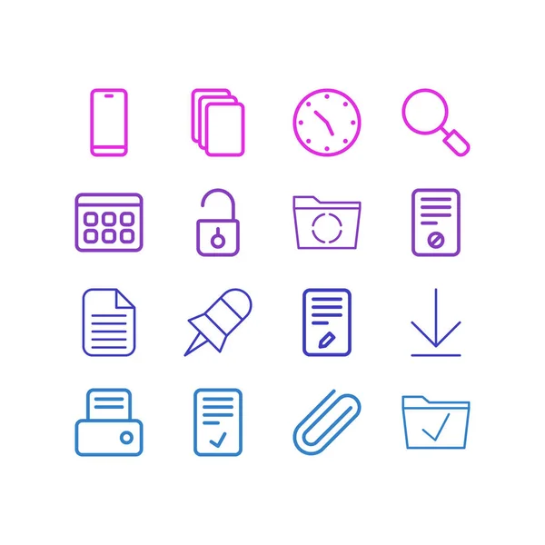 Ilustración de 16 iconos de la oficina estilo de línea. Conjunto editable de descarga, desbloqueo, calendario y otros elementos del icono . — Foto de Stock