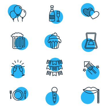 12 parti simgeler çizgi stili vektör Illustration. Kiraz kuşu, kek, yemek ve diğer simge öğeleri düzenlenebilir kümesi.