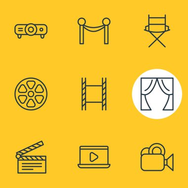 9 film simgeler çizgi stili vektör Illustration. Klaket, bant, bariyer halatı ve diğer simge öğeleri düzenlenebilir kümesi.