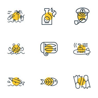 9 deniz simgeler çizgi stili vektör Illustration. Düzenlenebilir rafting, insanlar pike balığı, sardalya ve diğer simge öğeleri kümesi.