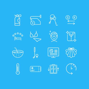 Vektör çizim 16 simgeler çizgi stili seyahat. 5 yıldızlı otel, adam, deniz kıyısı ve diğer simge öğeleri uyku düzenlenebilir kümesi.