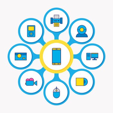 9 Aygıt simgeleri renkli çizgi vektör Illustration. Yazıcı, masaüstü bilgisayar, fare ve diğer simge öğeleri düzenlenebilir kümesi.