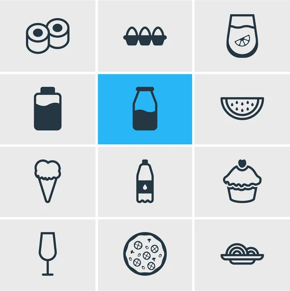 Векторная иллюстрация стиля линии 12 пищевых иконок. Редактируемый набор арбузов, кексов, суши и других элементов икон . — стоковый вектор