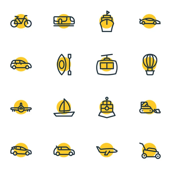 Vektorillustration von 16 Transit-Symbolen im Linienstil. editierbares Set von Kabine, Fahrrad, Kleinwagen und anderen Symbolelementen. — Stockvektor