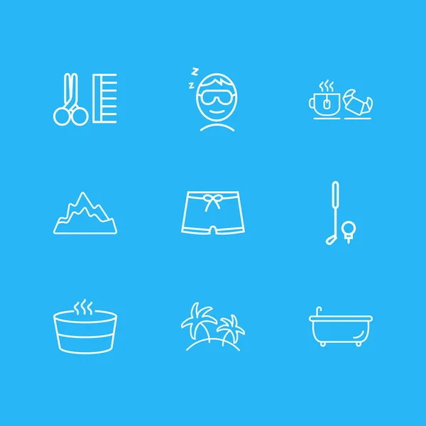 Ilustración vectorial de 9 iconos de viaje estilo de línea. Conjunto editable de montañas, trajes de baño de hombres, bañera y otros elementos del icono . — Archivo Imágenes Vectoriales