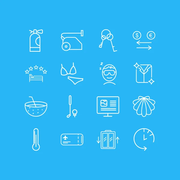 Vektoros illusztráció 16 utazási ikonok vonalstílust. Szerkeszthető készlet, 5-csillagos szálloda, alvó ember, kagyló és egyéb ikon. — Stock Vector