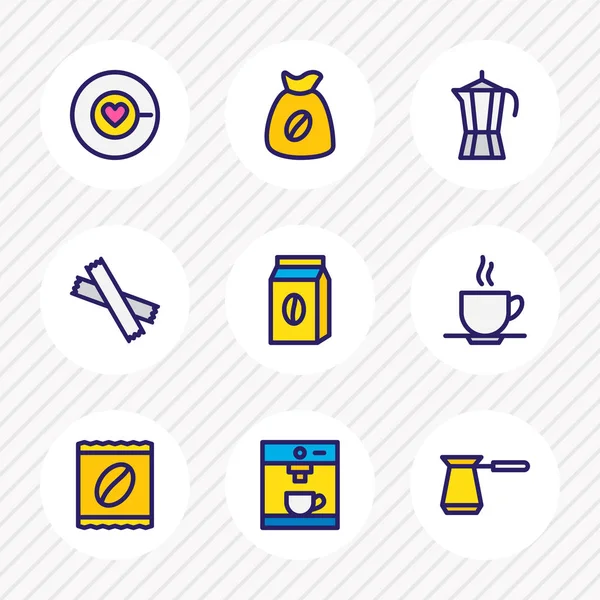 Ilustración vectorial de 9 iconos de café línea de color. Conjunto editable de cezve, paquete de café, saco de café y otros elementos del icono . — Archivo Imágenes Vectoriales
