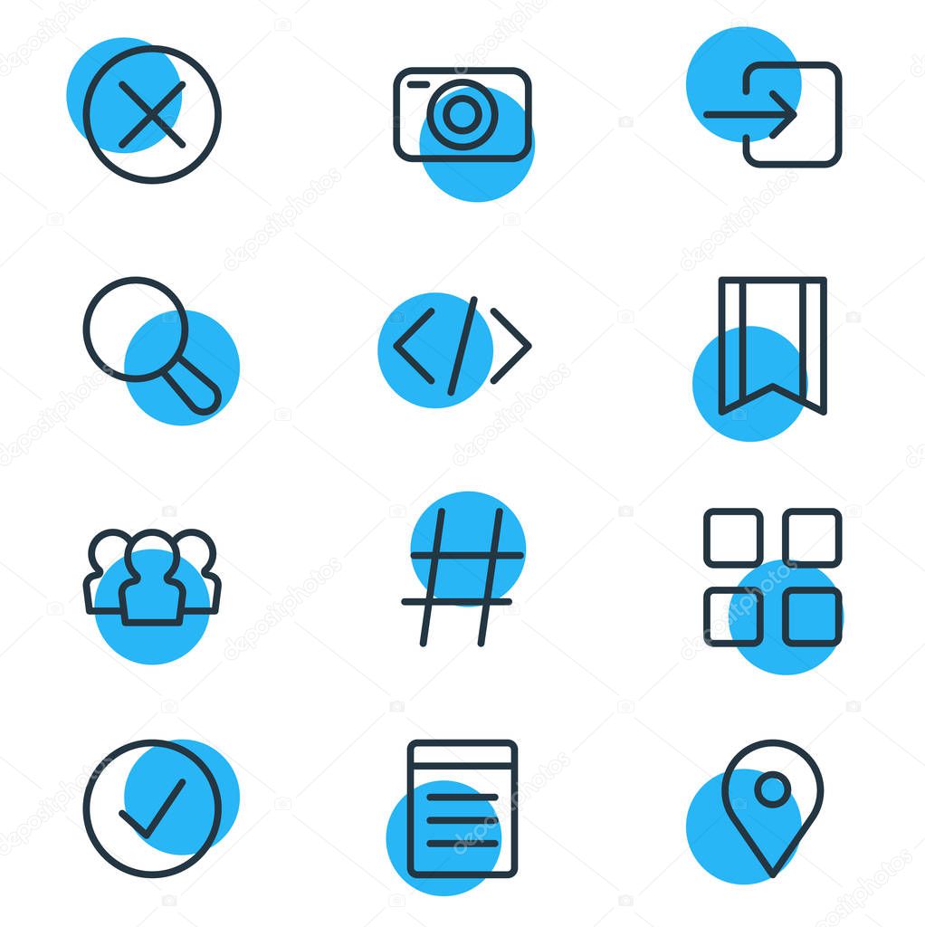 Vector illustration of 12 app icons line style. Editable set of location, code, list and other icon elements.