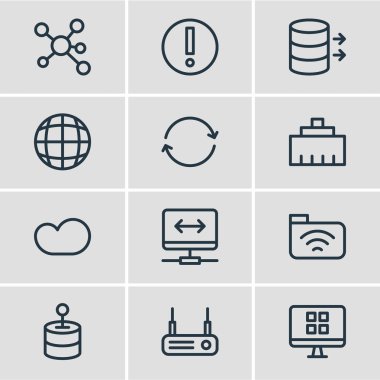 12 İnternet simge çizgisi biçiminin vektör çizimi. Düzenlenebilir eşzamanlama, yönlendirici, bulut depolama ve diğer simge ögeleri.