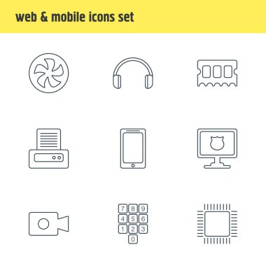 9 bilgisayar simgesi çizim biçimi. Düzenlenebilir bilgisayar, kulaklık, ram ve diğer simge ögeleri seti.