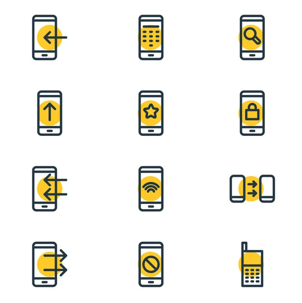 Иллюстрация стиля линии иконок 12 смартфонов. табличный набор элементов поиска, блокировки, блокировки и других иконок . — стоковое фото