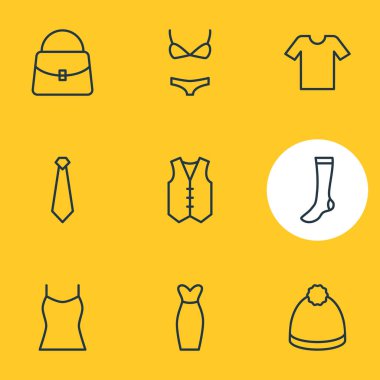9 giysi simgeler çizgi stili vektör Illustration. Bikini, çanta, abiye ve diğer simge öğeleri düzenlenebilir kümesi.