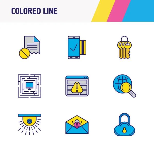 Ilustración vectorial de 9 iconos de protección de línea de color. Conjunto editable de transacciones móviles, computadoras protegidas, archivos dañados y otros elementos del icono . — Archivo Imágenes Vectoriales