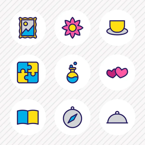 Ilustración vectorial de 9 iconos hobby línea de colores. Conjunto editable de elementos de imagen, flor, té y otros iconos . — Vector de stock