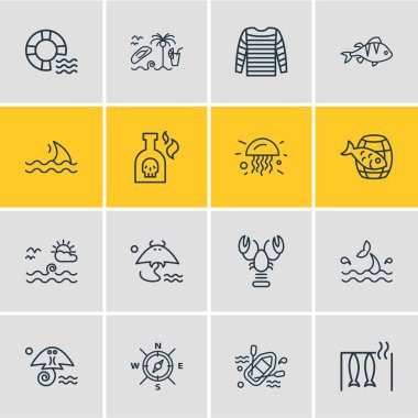 16 deniz simgeler çizgi stili vektör Illustration. Levrek, varil balık, fin ve diğer simge öğeleri düzenlenebilir kümesi.