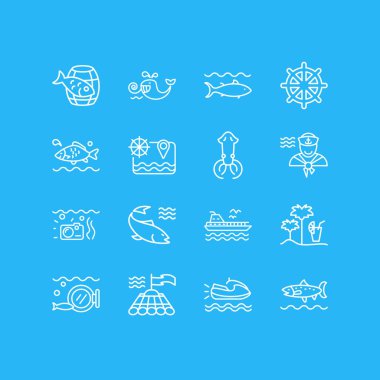 16 deniz simgeler çizgi stili vektör Illustration. Deniz harita, feribot, su ve diğer simge öğeleri düzenlenebilir kümesi.