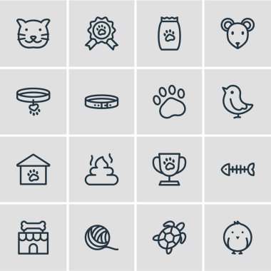 16 evde beslenen hayvan simgeler çizgi stili vektör Illustration. Kuş, kaplumbağa, fare ve diğer simge öğeleri düzenlenebilir kümesi.