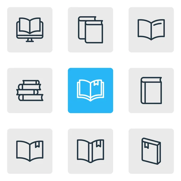 Векторная иллюстрация стиля линии 9 икон книг. Набор таблиц элементов электронных книг, справочников, текстовых книг . — стоковый вектор