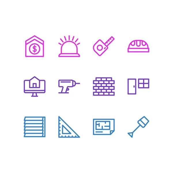 Illustration vectorielle de 12 icônes d'architecture style ligne. Ensemble modifiable de ruban adhésif, porte avec fenêtre, brique et autres éléments d'icône . — Image vectorielle