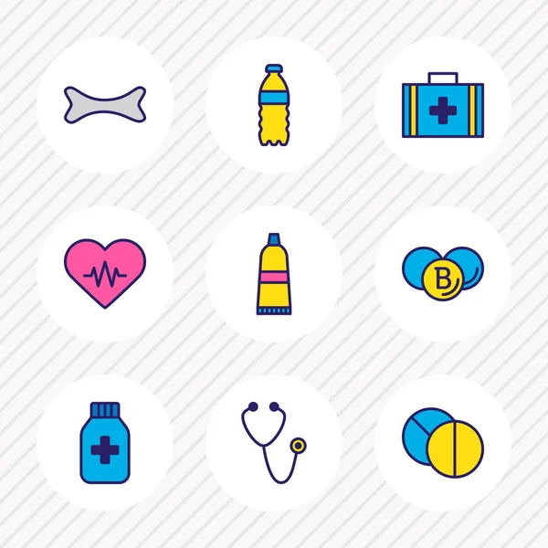 Vektorillustration av 9 medicin ikoner färgad linje. Redigerbara uppsättning vattenflaska, medicinska fallet, ben och andra ikonen element. — Stock vektor