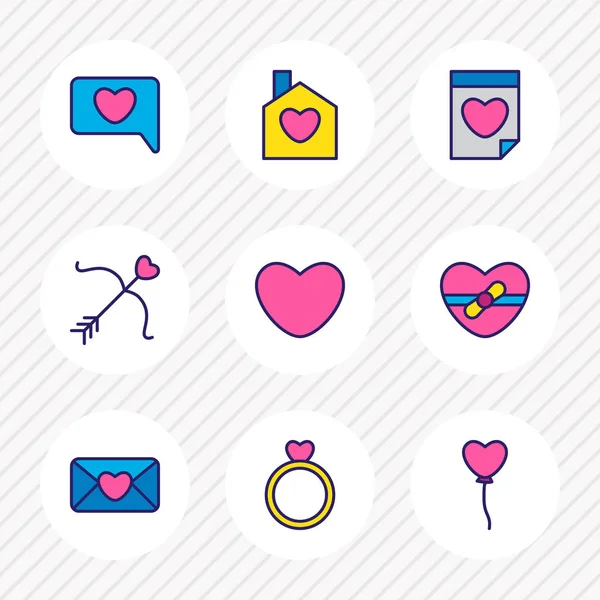 Vektoros illusztráció 9 szerelem ikonok színes vonal. A ház, a szív, a léggömbök és ikon elemeivel szerkeszthető készlet. — Stock Vector