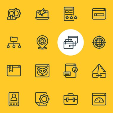 16 reklam simgeler çizgi stili vektör Illustration. Sayfa kalite, müşteri memnuniyeti, portföy ve diğer simge öğeleri düzenlenebilir kümesi.