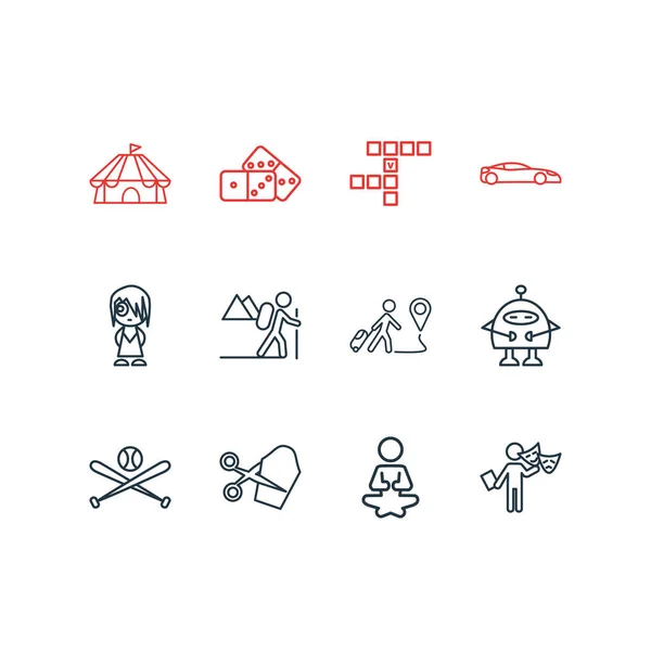 Illustrazione vettoriale di 12 icone di intrattenimento stile linea. Set modificabile di baseball, escursionismo, cruciverba e altri elementi icona . — Vettoriale Stock