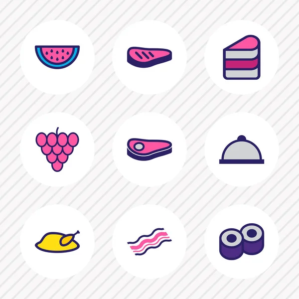 Vektoros illusztráció 9 élelmiszer ikonok színes vonal. Szerkeszthető csoportja, torta, szőlő, görögdinnye és egyéb ikon. — Stock Vector