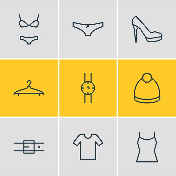 Ilustración de 9 iconos de prendas de vestir estilo de línea. Conjunto editable de zapato de tacón, ropa interior, camiseta sin mangas y otros elementos del icono . —  Fotos de Stock