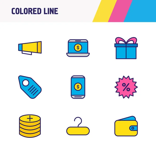 Illustration de 9 icônes en gros ligne colorée. Ensemble modifiable de cadeau, étiquette de prix, publicité et autres éléments d'icône . — Photo