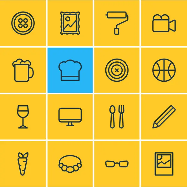Ilustração vetorial de 16 ícones de hobby estilo linha. Conjunto editável de imagem, utensílios de cozinha, acessórios e outros elementos de ícone . —  Vetores de Stock