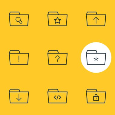 9 klasör simgeleri çizgi stili Illustration. Düzenlenebilir kümesi önemli, upload, cevapsız ve diğer simge öğeleri.