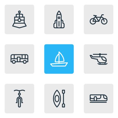 9 taşıma simgeler çizgi stili vektör Illustration. Metro, helikopter, autobus ve diğer simge öğeleri düzenlenebilir kümesi.