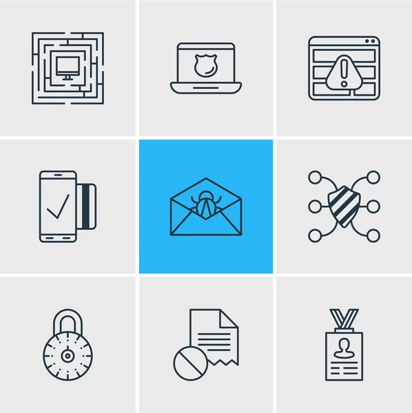 Vector illustration of 9 security icons line style. Editable set of access denied, protected computer, personal information and other icon elements. — Stock Vector