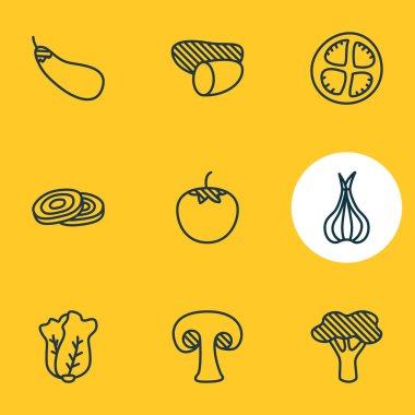 9 gıda simgeler çizgi stili Illustration. Patates, allium, mantar ve diğer simge öğeleri düzenlenebilir kümesi.