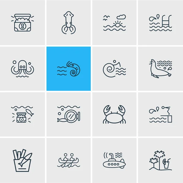 Ilustración de 16 iconos de mar estilo de línea. Conjunto editable de calamar, cofre del tesoro, submarino y otros elementos del icono . —  Fotos de Stock