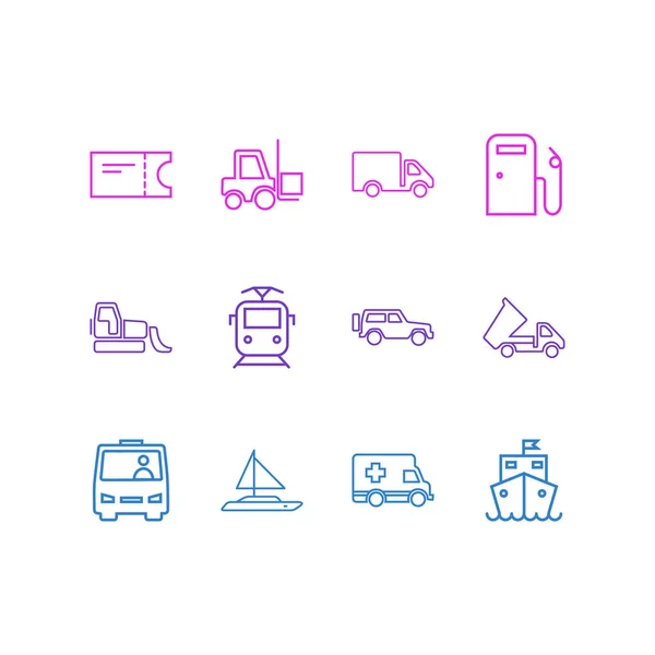 Ілюстрація 12 транспортних іконок стилю лінії. Підходящий набір круїзних суден, вантажівок, АЗС та інших знакових елементів . — стокове фото