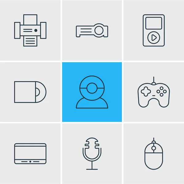 Illustration av 9 tillbehör ikoner linjeformat. Redigerbara uppsättning mp3-spelare, mikrofon, skrivare och andra ikonen element. — Stockfoto