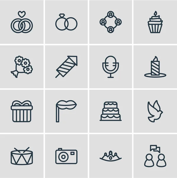 Illustrazione di 16 icone di partito stile linea. Set modificabile di tamburi, corona, fuochi d'artificio e altri elementi icona . — Foto Stock