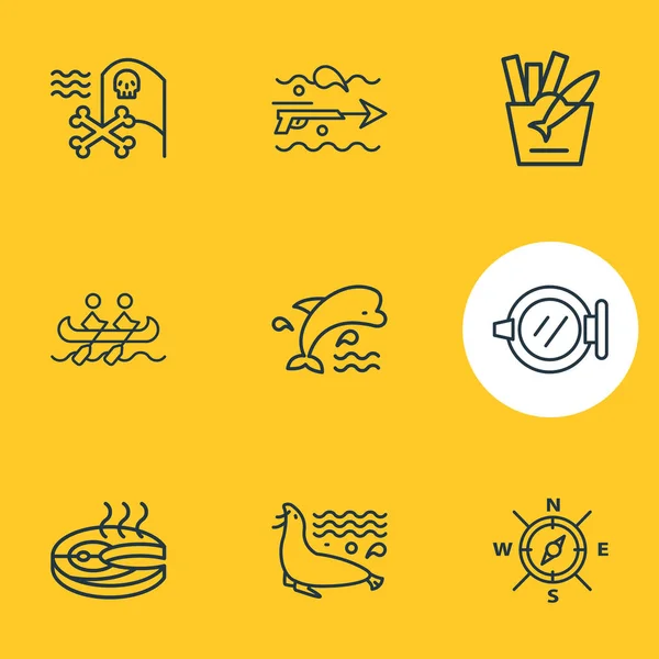 Vektor Illustration von 9 nautischen Symbolen Linienstil. editierbares Set aus Fischsteak, Kompass, Schiffsfenster und anderen Symbolelementen. — Stockvektor