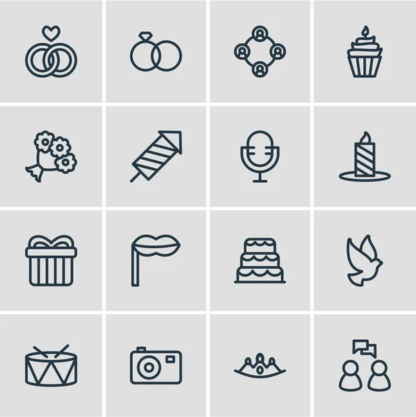 Ilustración vectorial de 16 iconos de eventos estilo línea. Conjunto editable de tambores, corona, fuegos artificiales y otros elementos del icono . — Archivo Imágenes Vectoriales