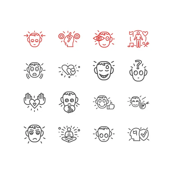 Ilustración vectorial de 16 iconos emoticonos estilo línea. Conjunto editable de amor, proceso cognitivo, culpables y otros elementos del icono . — Archivo Imágenes Vectoriales