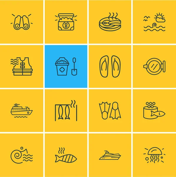 Ilustración vectorial de 16 iconos marítimos estilo línea. Conjunto editable de pescado a la parrilla, chaleco salvavidas, chanclas y otros elementos del icono . — Vector de stock