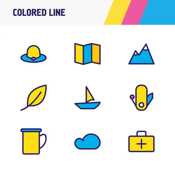 Ilustración vectorial de 9 iconos de camping línea de color. Conjunto editable de nube, barco, cuchillo suizo y otros elementos del icono . — Archivo Imágenes Vectoriales