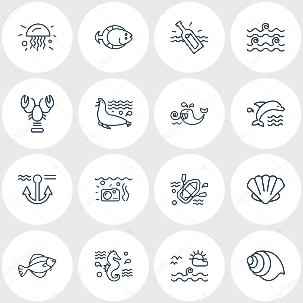 Vector illustration of 16 naval icons line style. Editable set of rubber boat, sea lion, jelly fish and other icon elements.
