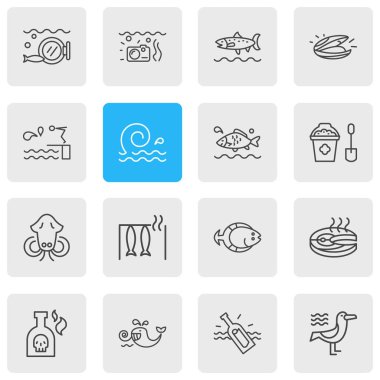 16 deniz simgeler çizgi stili Illustration. Su, yassı balıklar, martı ve diğer simge öğeleri düzenlenebilir kümesi.