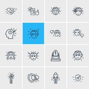 16 emoji simgeler çizgi stili Illustration. Düzenlenebilir kümesi şaşırttı, suç, koruma ve diğer simge öğeleri.