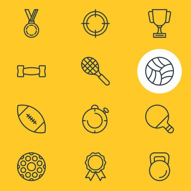 12 spor simgeleri çizgi stili Illustration. Golf, halter, ödül ve diğer simge öğeleri düzenlenebilir kümesi.